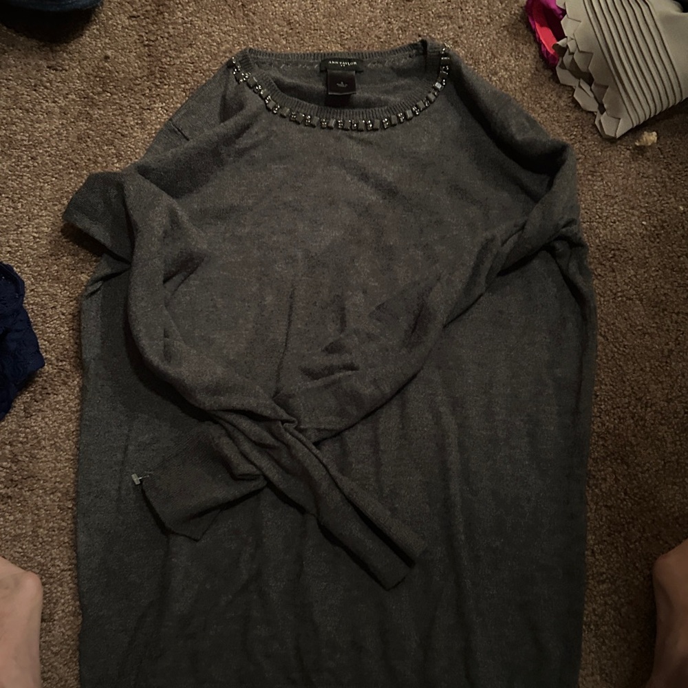Ann Taylor Charcoal Sweater with Embellished Neckline